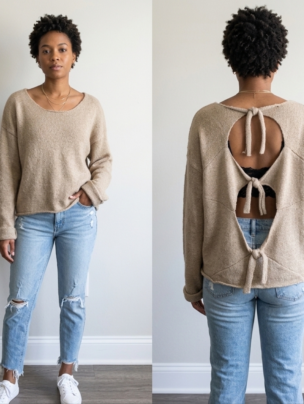 Love by Design Tan Knit Open Tie-Back Long Sleeve Sweater Size M Cozy Chic